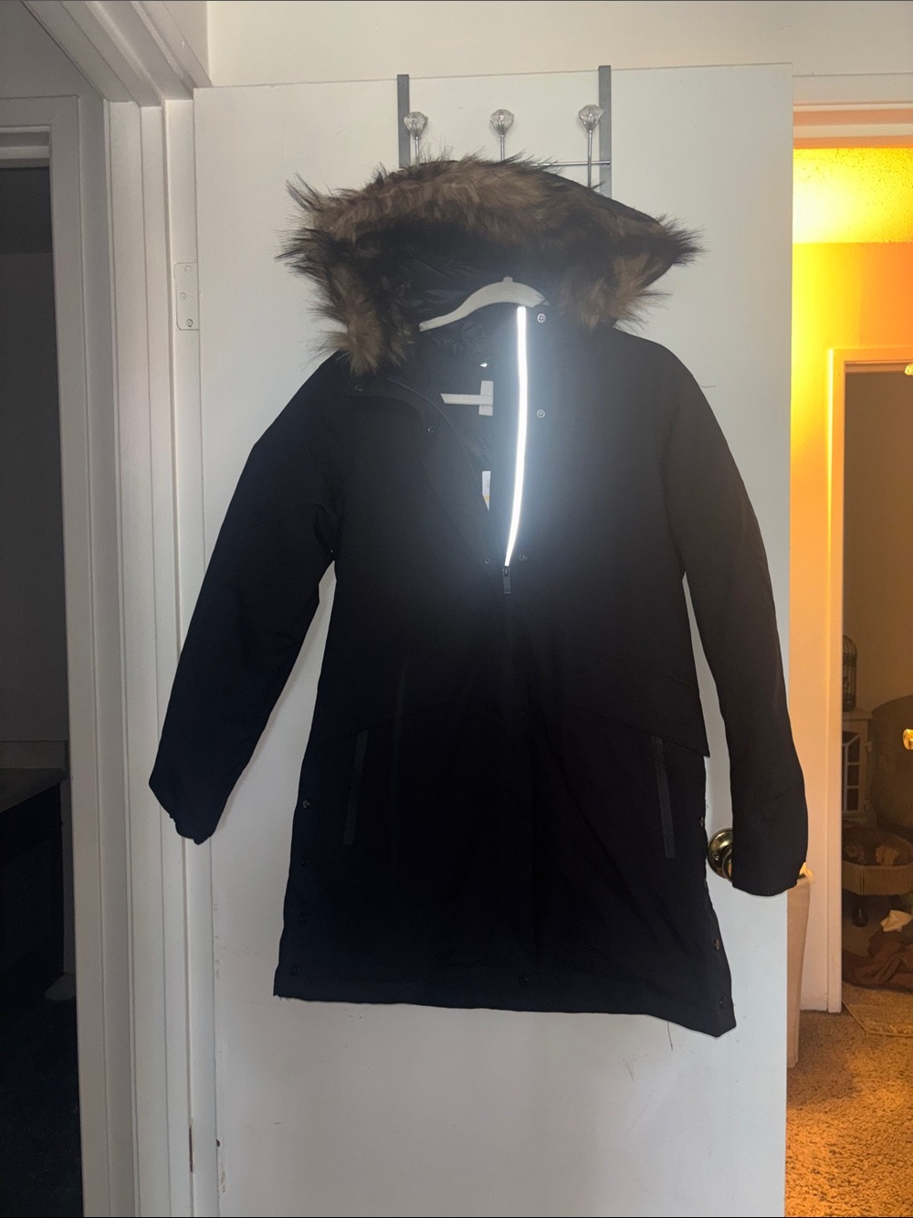 Martha Stewart Black Long Puffer Coat with Faux Fur Trim Hood